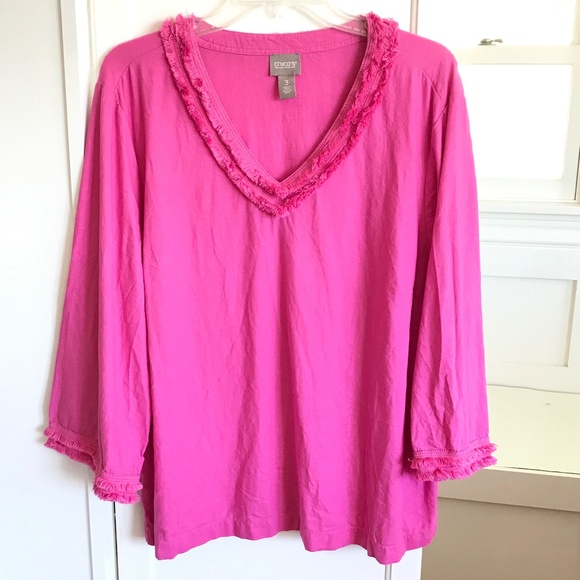 CHICO’S Pink Blouse Top Linen Blend 3/4 Sleeves Fray Trim Women’s Size XL Size 3 - Picture 2 of 16